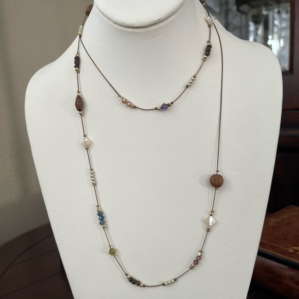 Japanese multi gem & wood antiqued brass long necklace - Picture 7 of 10